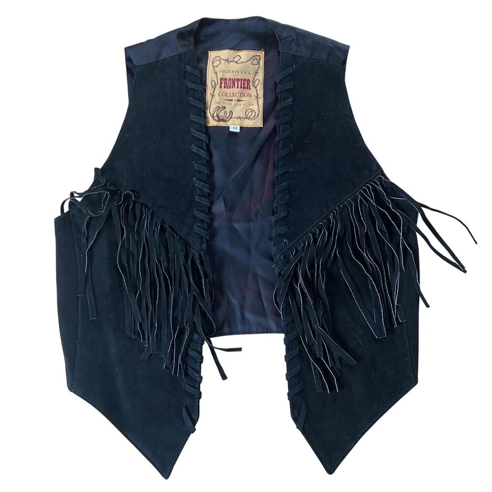 Frontier Collection Vest Womens M Black Lined Fringe Twill Lace Up Casual